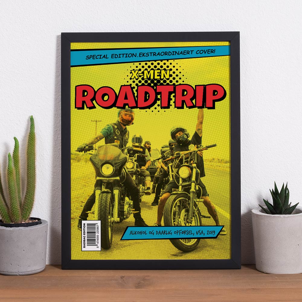 Personaliseret plakat med tekst og billede i tegneseriestil