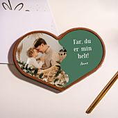 Personlig chokolade i hjerteform med foto og tekst
