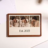 Personlig chokolade som kort med fotocollage og tekst