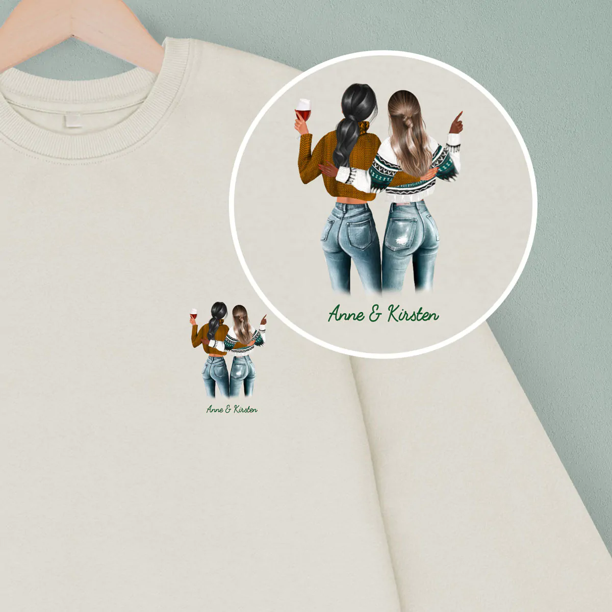 Personlig sweatshirt med illustration af to venner Radbag