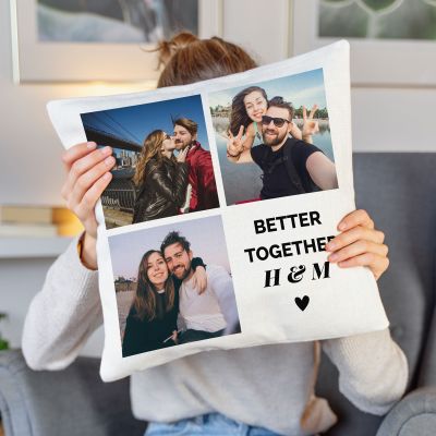 Personaliseret pudebetræk med 3 billeder og tekst