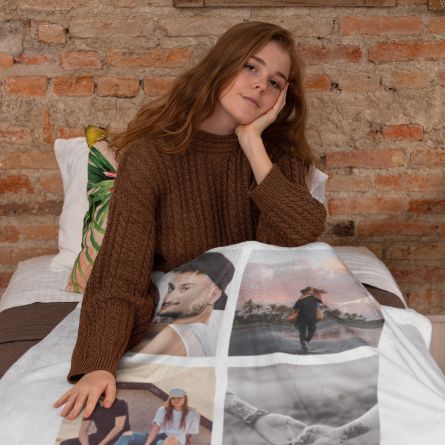 Tæppe med 5 fotos og tekst