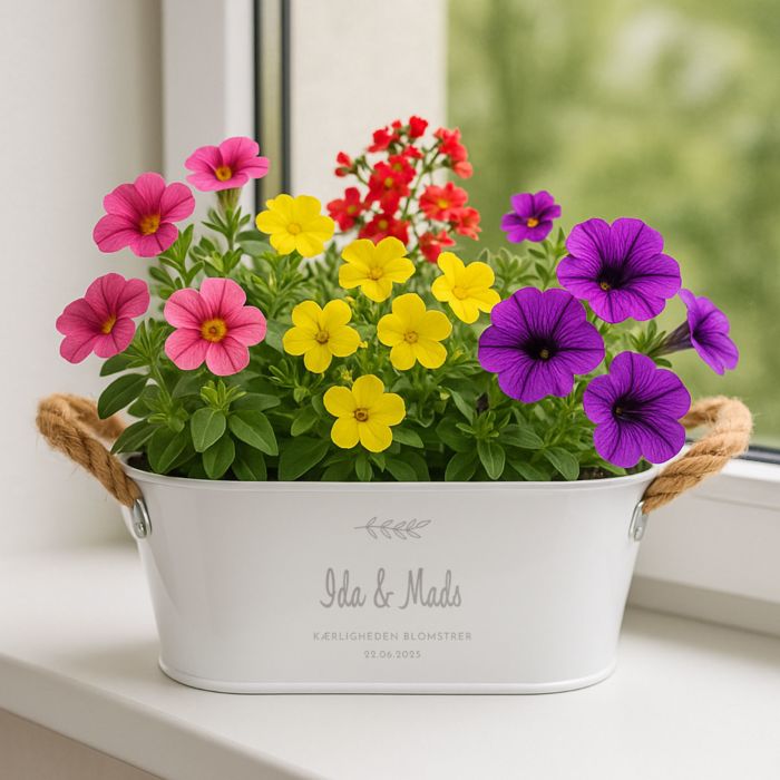 Personlig blomsterkasse med symbol og tekst