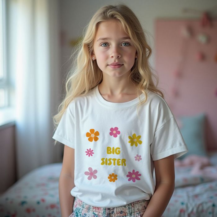 Personlig børne-T-shirt med blomster og tekst