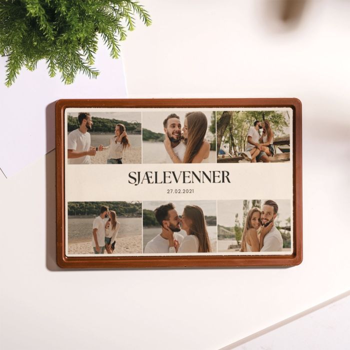 Personlig chokolade som kort med 6 fotos og tekst
