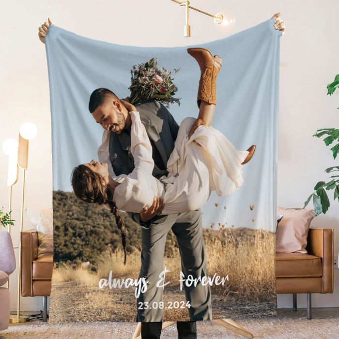 Tæppe med billede og tekst