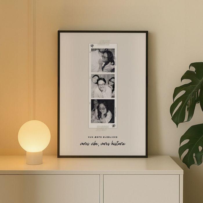 Personlig plakat med fotostrimler og tekst