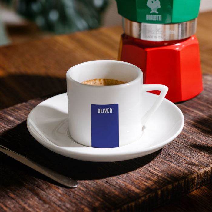 Personligt espressokrus med navn og baggrund