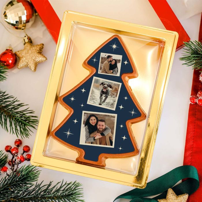 Personlig chokolade som juletræ med 3 fotos
