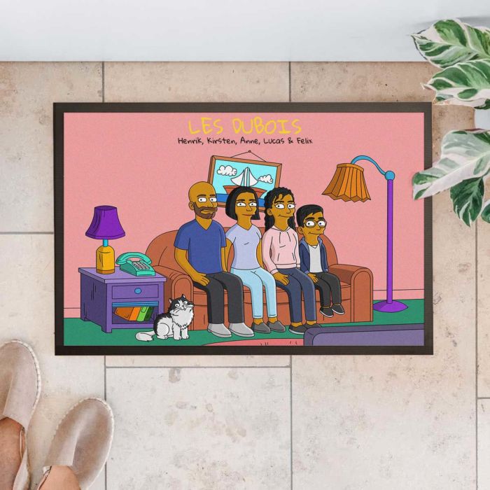 Personlig dørmåtte med illustration af comic-familie
