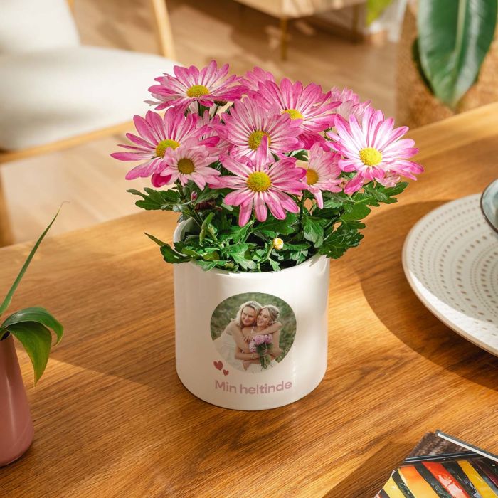 Personlig blomsterkrukke med foto og tekst