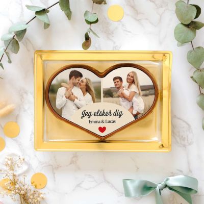 Personlig hjertechokolade med to fotos og tekst