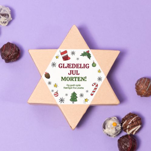 Stjerne chokoladeæske i juledesign med personlig tekst