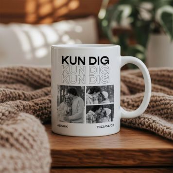 Personlig kop med sort-hvide fotos og tekst