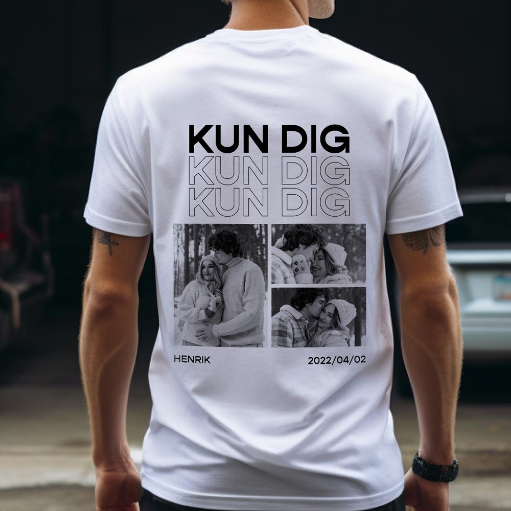 Personlig t-shirt med sort-hvide fotos og tekst