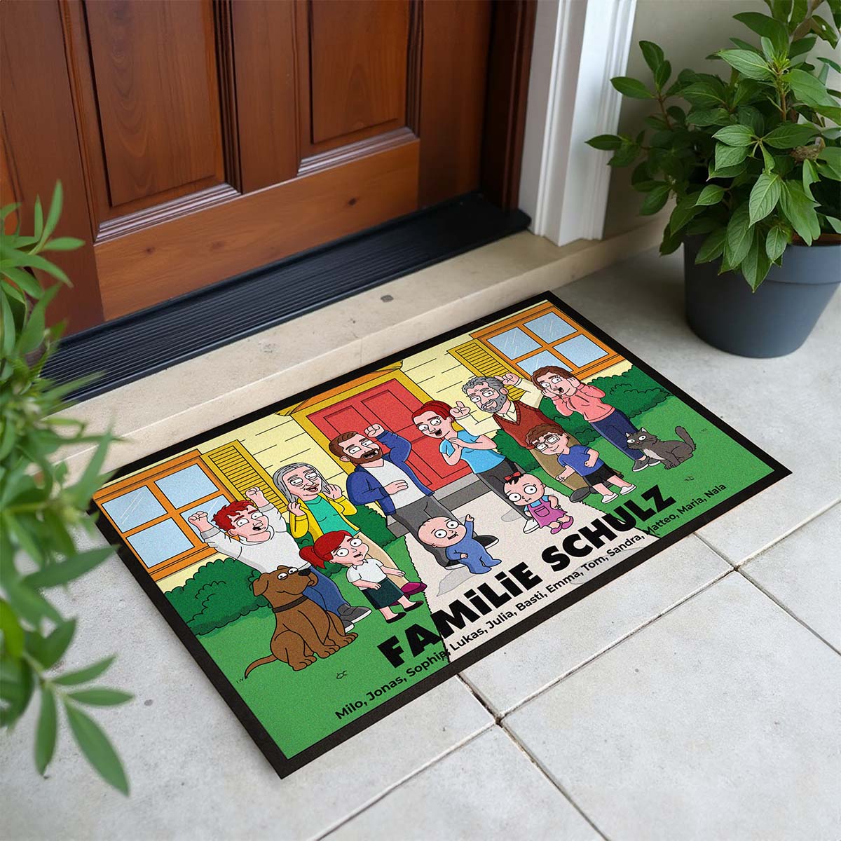 Personlig dørmåtte med tegneseriefamilie