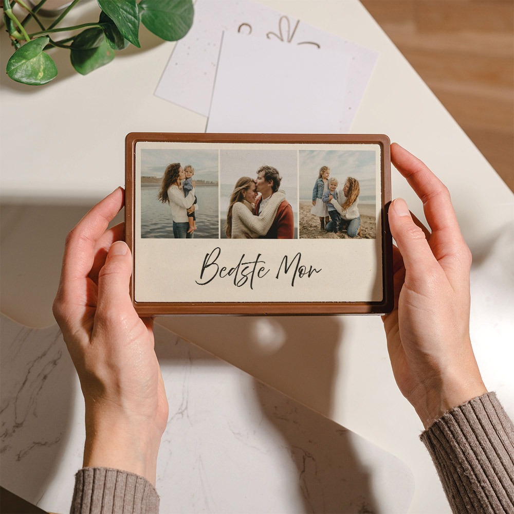 Personlig chokolade som kort med fotocollage og tekst