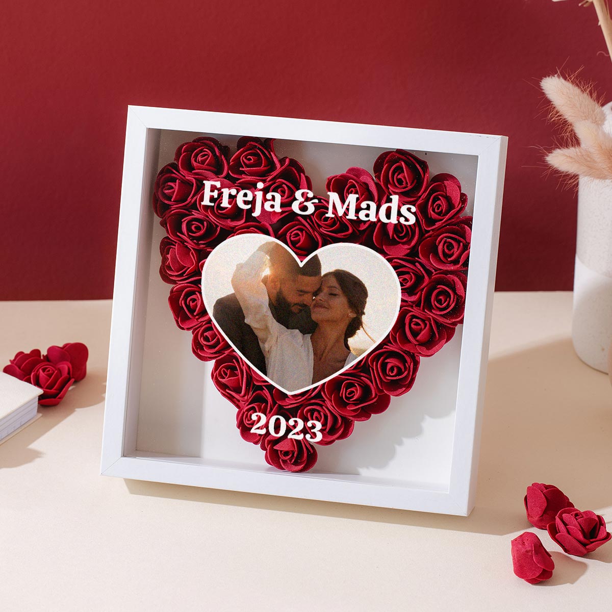 Personlig rosenkasse med foto og tekst