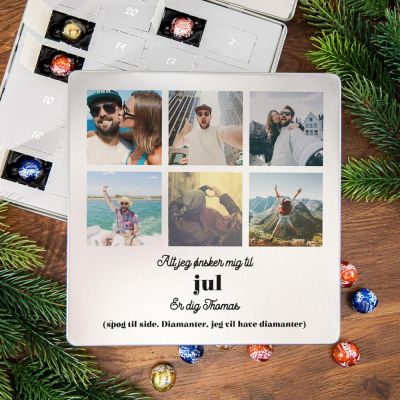 Julegaver til far - Chokoladejulekalender i metalboks med tekst og 6 billeder