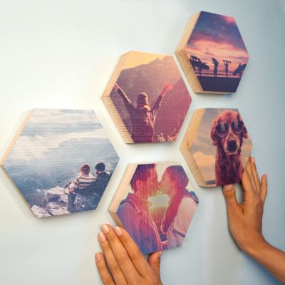 Fotogaver - Træbillede som hexagon